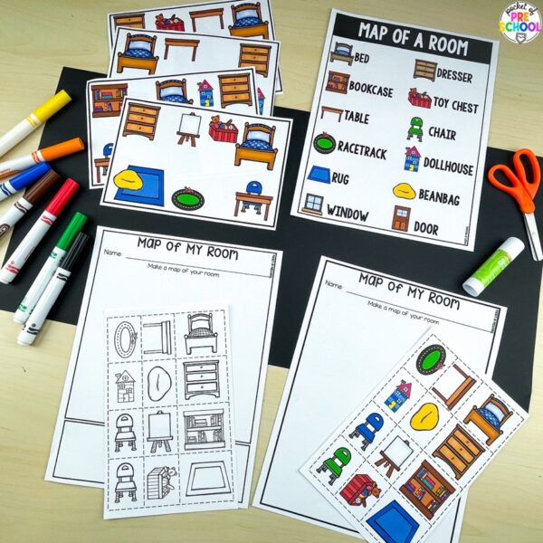 Room blueprint map activity for preschool, pre-k, and kindergarten students plus 15 other math, literacy, and fine motor activities with a construction theme.