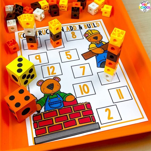 Construction number building activity for preschool, pre-k, and kindergarten students plus 15 other math, literacy, and fine motor activities with a construction theme.