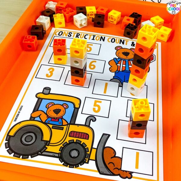 Construction number building activity for preschool, pre-k, and kindergarten students plus 15 other math, literacy, and fine motor activities with a construction theme.
