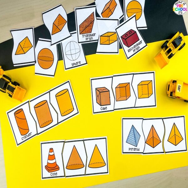 Construction 3D shape puzzles for preschool, pre-k, and kindergarten students plus 15 other math, literacy, and fine motor activities with a construction theme.