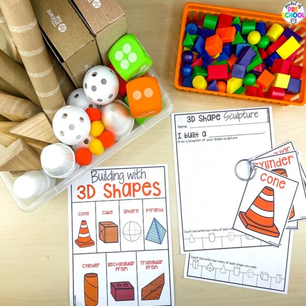 Construction 3D shape building for preschool, pre-k, and kindergarten students plus 15 other math, literacy, and fine motor activities with a construction theme.