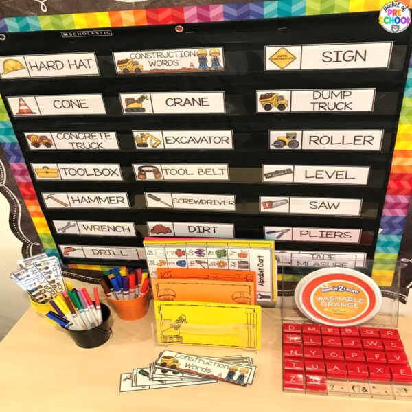 Construction word wall for preschool, pre-k, and kindergarten students plus 15 other math, literacy, and fine motor activities with a construction theme.