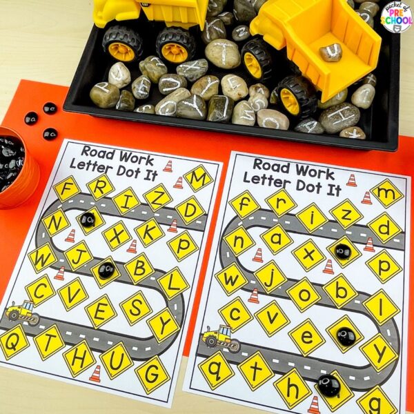 Construction letter dot it activity for preschool, pre-k, and kindergarten students plus 15 other math, literacy, and fine motor activities with a construction theme.