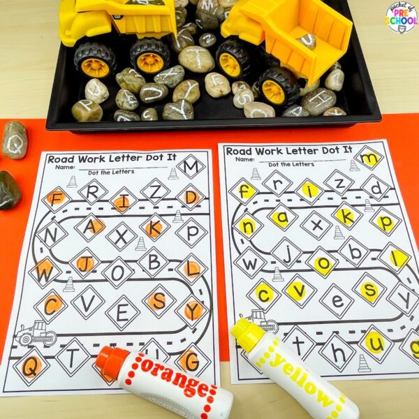 Construction letter dot it activity for preschool, pre-k, and kindergarten students plus 15 other math, literacy, and fine motor activities with a construction theme.