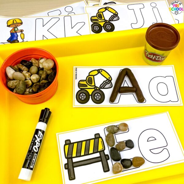 Construction letter formation cards for preschool, pre-k, and kindergarten students plus 15 other math, literacy, and fine motor activities with a construction theme.