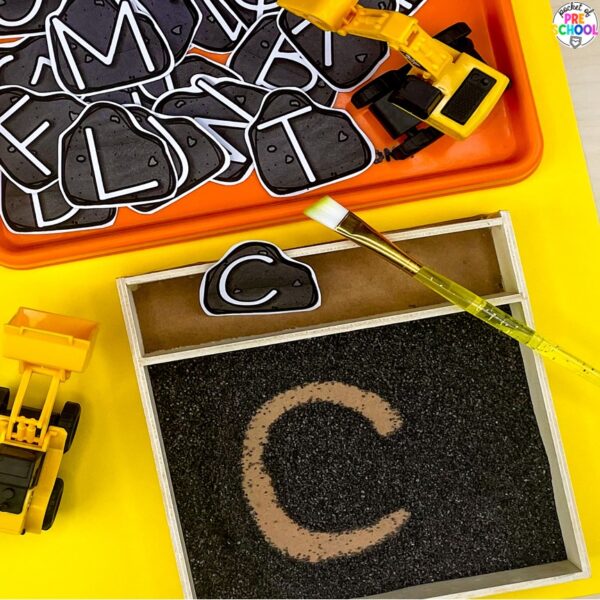 Construction letter activity for preschool, pre-k, and kindergarten students plus 15 other math, literacy, and fine motor activities with a construction theme.