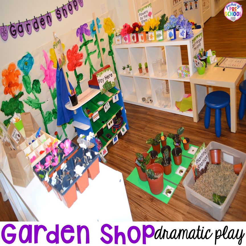 Garden Shop Dramatic Play (or Flower Shop) for a spring theme, Mother's Day theme, or summer theme when everything is growing and blooming. Any preschool, pre=k, and kindergarten kiddos will LOVE it (and learn a ton too). #flowershop #gardenshop #presschool #prek #dramaticplay