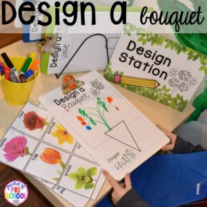 STEM design challenge! Flower Shop Dramatic Play for a spring theme, Mother's Day theme, or summer theme when everything is growing and blooming. Any preschool, pre=k, and kindergarten kiddos will LOVE it (and learn a ton too). #flowershop #gardenshop #presschool #prek #dramaticplay