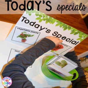 Specials sign in our Garden Shop Dramatic Play for a spring theme, Mother's Day theme, or summer theme when everything is growing and blooming. Any preschool, pre=k, and kindergarten kiddos will LOVE it (and learn a ton too). #flowershop #gardenshop #presschool #prek #dramaticplay