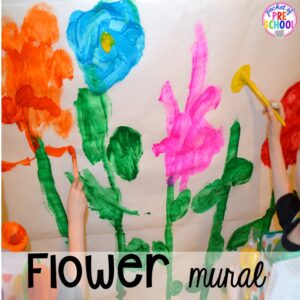Flower mural in our Flower Shop Dramatic Play for a spring theme, Mother's Day theme, or summer theme when everything is growing and blooming. Any preschool, pre=k, and kindergarten kiddos will LOVE it (and learn a ton too). #flowershop #gardenshop #presschool #prek #dramaticplay