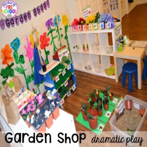 Garden Shop Dramatic Play (or Flower Shop) for a spring theme, Mother's Day theme, or summer theme when everything is growing and blooming. Any preschool, pre=k, and kindergarten kiddos will LOVE it (and learn a ton too). #flowershop #gardenshop #presschool #prek #dramaticplay