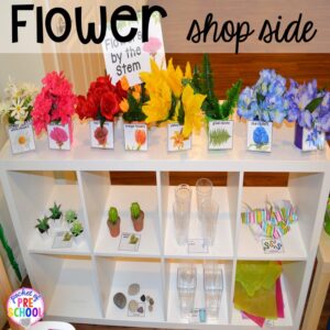 Flower shelf in our Flower Shop Dramatic Play for a spring theme, Mother's Day theme, or summer theme when everything is growing and blooming. Any preschool, pre=k, and kindergarten kiddos will LOVE it (and learn a ton too). #flowershop #gardenshop #presschool #prek #dramaticplay