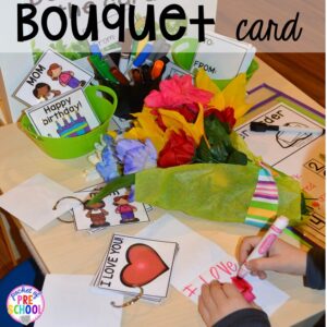 Cards! Flower Shop Dramatic Play for a spring theme, Mother's Day theme, or summer theme when everything is growing and blooming. Any preschool, pre=k, and kindergarten kiddos will LOVE it (and learn a ton too). #flowershop #gardenshop #presschool #prek #dramaticplay