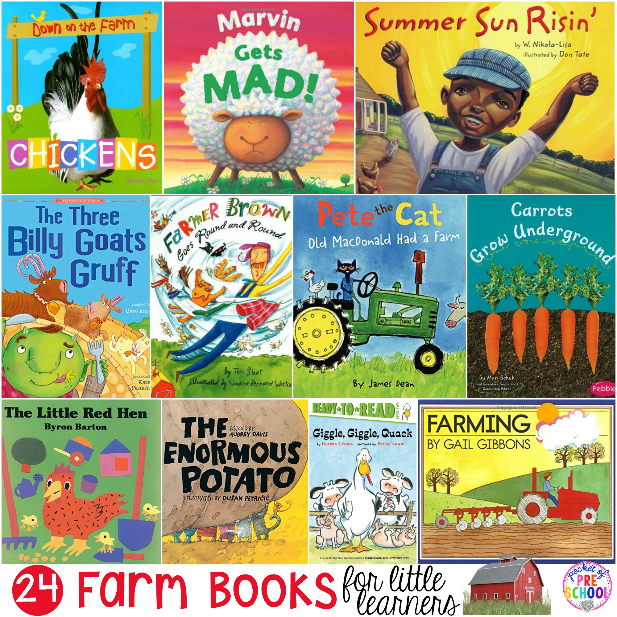 Giant list of farm books for preschool, pre-k, and kindergarten. This book list if packed with farm books perfect for circle time.