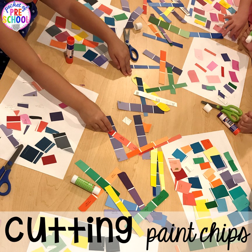 Paint chip collage! Construction themed centers and activities my preschool & pre-k kiddos will LOVE! (math, letters, sensory, fine motor, & freebies too)