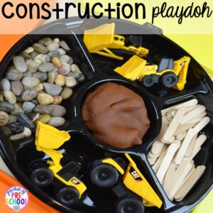 Construction playdoh tray! Construction themed centers and activities my preschool & pre-k kiddos will LOVE! (math, letters, sensory, fine motor, & freebies too)