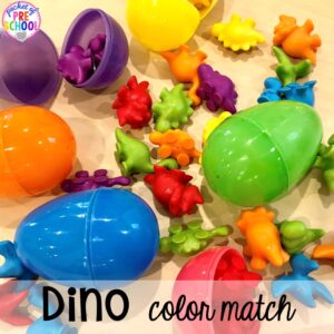 Dinosaur egg color match plus tons of dinosaur themed activities & centers your preschool, pre-k, and kindergarten students will love! #preschool #pocketofpreschool #dinosaurtheme