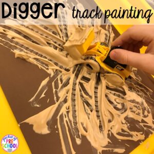 Digger painting! Construction themed centers and activities my preschool & pre-k kiddos will LOVE! (math, letters, sensory, fine motor, & freebies too)