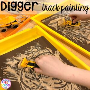 Digger painting! Construction themed centers and activities my preschool & pre-k kiddos will LOVE! (math, letters, sensory, fine motor, & freebies too)