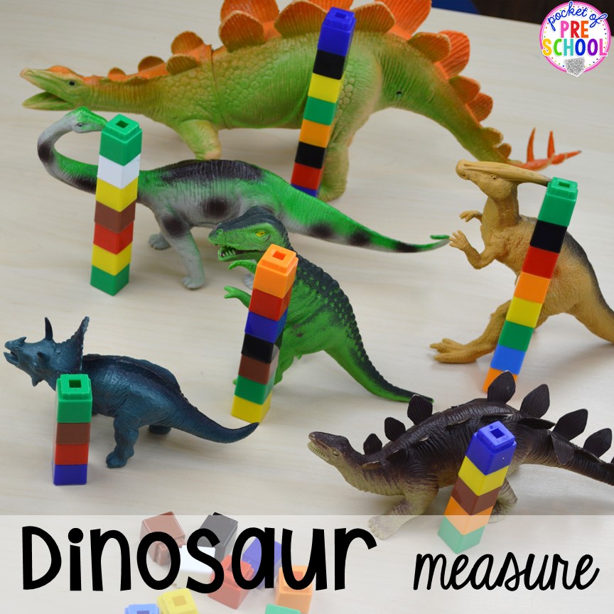 Dinosaur number measure plus tons of dinosaur themed activities & centers your preschool, pre-k, and kindergarten students will love! #preschool #pocketofpreschool #dinosaurtheme 