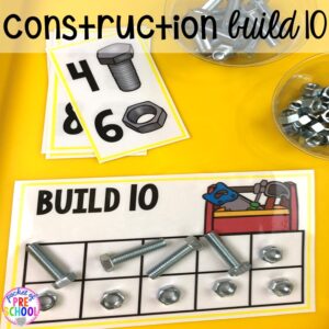 Constriction build 10 game! Construction themed centers and activities my preschool & pre-k kiddos will LOVE! (math, letters, sensory, fine motor, & freebies too)