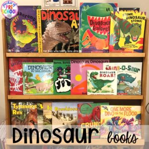 Dinosaur bookshelf plus tons of dinosaur themed activities & centers your preschool, pre-k, and kindergarten students will love! #preschool #pocketofpreschool #dinosaurtheme