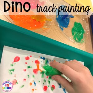 Dinosaur painting plus tons of dinosaur themed activities & centers your preschool, pre-k, and kindergarten students will love! #preschool #pocketofpreschool #dinosaurtheme