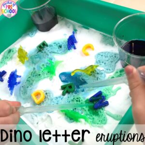 Dinosaur letter eruption plus tons of dinosaur themed activities & centers your preschool, pre-k, and kindergarten students will love! #preschool #pocketofpreschool #dinosaurtheme
