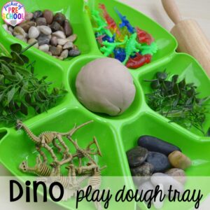 Dinosaur play dough tray plus tons of dinosaur themed activities & centers your preschool, pre-k, and kindergarten students will love! #preschool #pocketofpreschool #dinosaurtheme