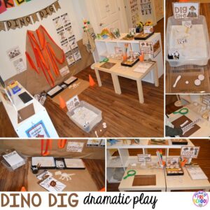 Dinosaur dino dig in the dramatic play center plus tons of dinosaur themed activities & centers your preschool, pre-k, and kindergarten students will love! #preschool #pocketofpreschool #dinosaurtheme