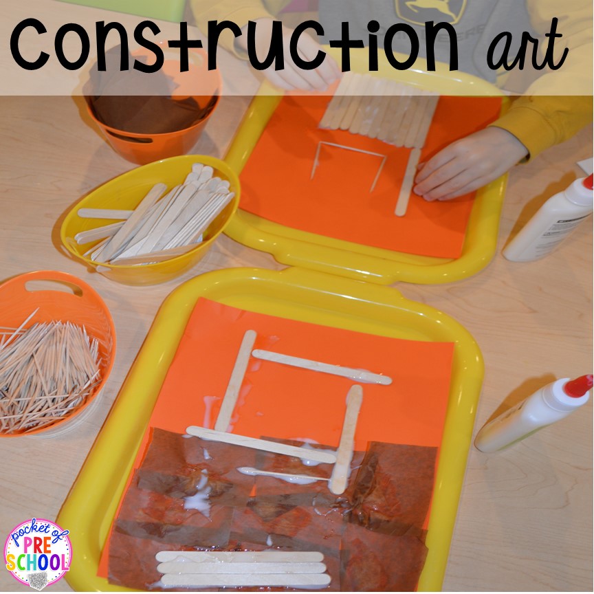 Construction art! Construction themed centers and activities my preschool & pre-k kiddos will LOVE! (math, letters, sensory, fine motor, & freebies too)
