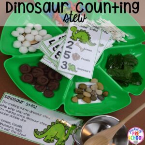 Dinosaur counting stew plus tons of dinosaur themed activities & centers your preschool, pre-k, and kindergarten students will love! #preschool #pocketofpreschool #dinosaurtheme