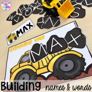 Building names & sight words! Construction themed centers and activities my preschool & pre-k kiddos will LOVE! (math, letters, sensory, fine motor, & freebies too)