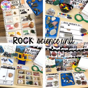 All about Rocks and Minerals science unit is packed with hands on rock investigations! Made for preschool, pre-k, an dkindergarten.