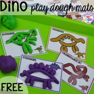 FREE dinosaur play dough mats plus tons of dinosaur themed activities & centers your preschool, pre-k, and kindergarten students will love! #preschool #pocketofpreschool #playdohmats