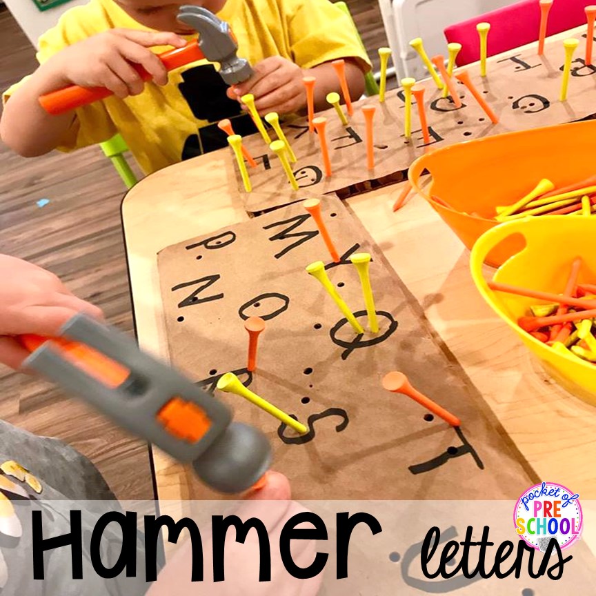 Hammer letters! Construction themed centers and activities my preschool & pre-k kiddos will LOVE! (math, letters, sensory, fine motor, & freebies too)