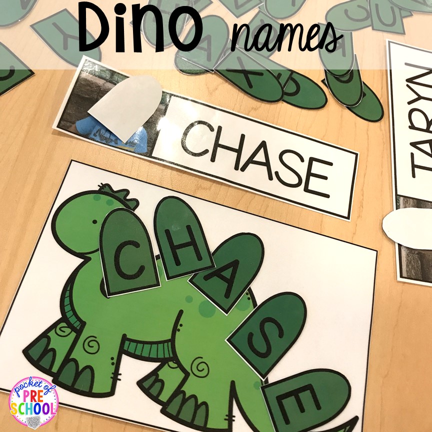 Dinosaur names plus tons of dinosaur themed activities & centers your preschool, pre-k, and kindergarten students will love! #preschool #pocketofpreschool #dinosaurtheme