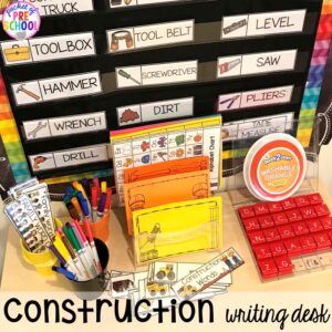 Construction writing center! Construction themed centers and activities my preschool & pre-k kiddos will LOVE! (math, letters, sensory, fine motor, & freebies too)