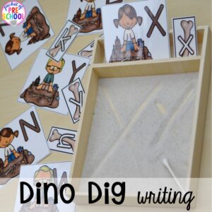 Dino dig writing tray plus tons of dinosaur themed activities & centers your preschool, pre-k, and kindergarten students will love! #preschool #pocketofpreschool #dinosaurtheme