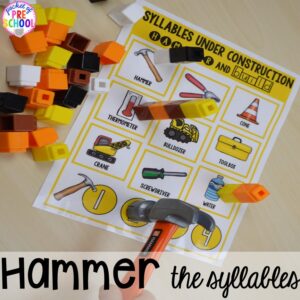 Construction syllables game! Construction themed centers and activities my preschool & pre-k kiddos will LOVE! (math, letters, sensory, fine motor, & freebies too)