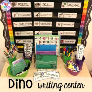 Dinosaur writing center plus tons of dinosaur themed activities & centers your preschool, pre-k, and kindergarten students will love! #preschool #pocketofpreschool #dinosaurtheme