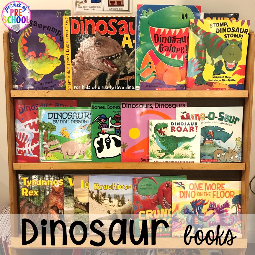 Dinosaur book lists plus tons of dinosaur themed activities & centers your preschool, pre-k, and kindergarten students will love! #preschool #pocketofpreschool #dinosaurtheme