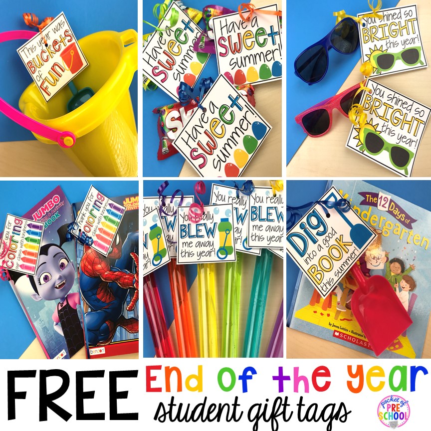 End of the year student gift tags (free printables) using cheap items from the dollar store and Target Dollar Spot. Pocket of Preschool #preschool #prek #kindergarten #endoftheyear #endoftheyeargift #freeprintbale