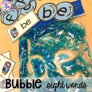 Bubble themed Sensory bag sight word practice plus tons of summer themed activities your preschool, pre-k, and kindergarten kiddos will LOVE! #preschool #pre-k #summertheme