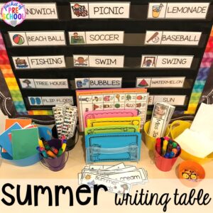 Summer theme writing table plus tons of summer themed activities your preschool, pre-k, and kindergarten kiddos will LOVE! #preschool #pre-k #summertheme