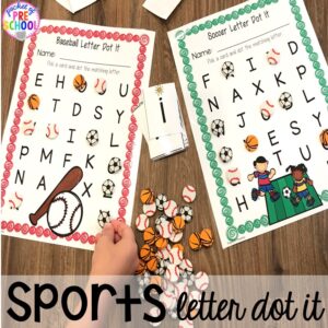 Sports letter dot it plus tons of summer themed activities your preschool, pre-k, and kindergarten kiddos will LOVE! #preschool #pre-k #summertheme