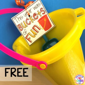 Bucket free gift tag. End of the year student gift tags (free printables) using cheap items from the dollar store and Target Dollar Spot. Pocket of Preschool #preschool #prek #kindergarten #endoftheyear #endoftheyeargift #freeprintbale