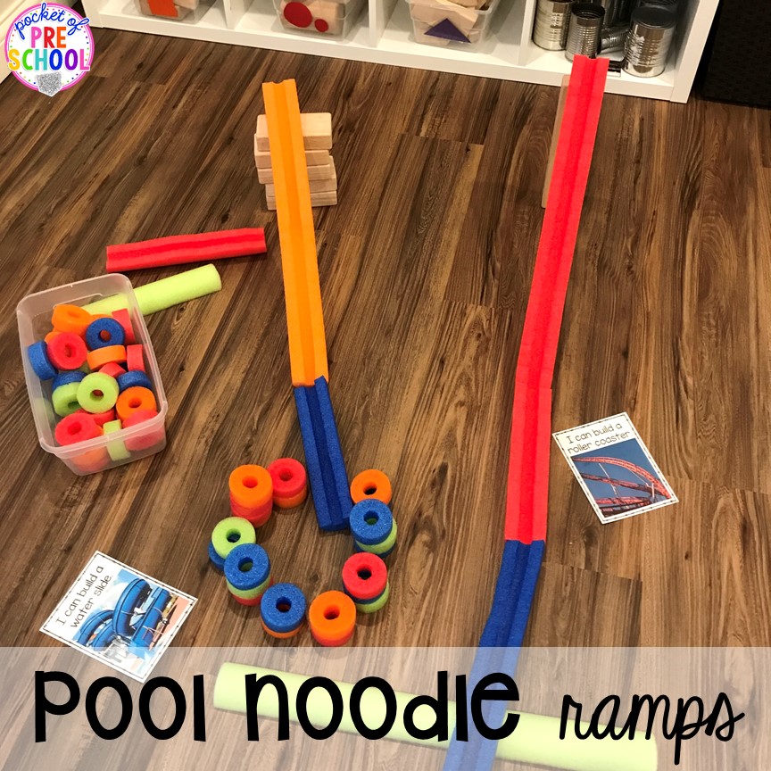 Summer themed blocks center ideas (with pool noodles) plus tons of summer themed activities your preschool, pre-k, and kindergarten kiddos will LOVE! #preschool #pre-k #summertheme 