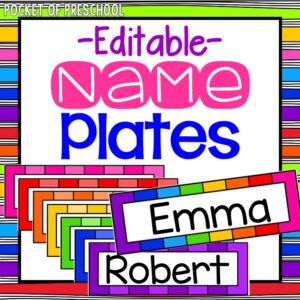 Editable name plates with a rainbow theme for a preschool, pre-k, or kindergarten class.