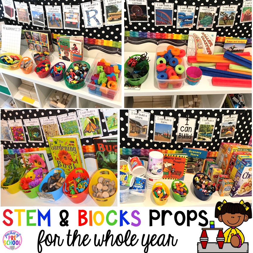 Blocks & STEM prop idea list for the WHOLE year, every season, holiday, and theme! Make it an amazing place for your preschool, pre-k, and kindergarten engineers. #preschool #prek #kindergarten #STEM #blockscenter